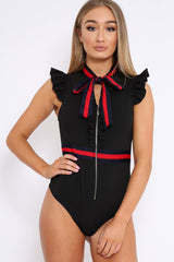 Black Sleeveless Frill Stripe Bodysuit - Laili