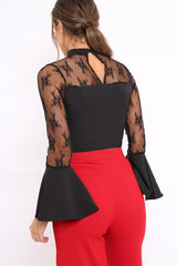 Black High Neck Lace blouse with Flare Bell Sleeves -  Janella