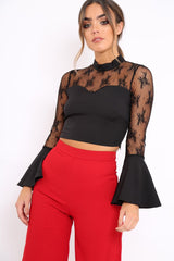 Black High Neck Lace blouse with Flare Bell Sleeves -  Janella