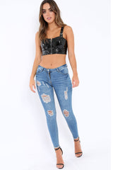 Black PU Cup Detail Harness Strap Crop Top - Molly