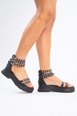Black Silver Eyelet Triple Strap Sandal - Eeva