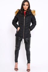Black Padded Coat With Faux Fur Trim Hood - Jocelyn