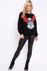 Black Sequin Embellished Rock Eagle Slogan Sweatshirt - Zaria