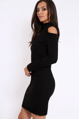 Black Cold Shoulder and V Neck Cut Out Dress - Riona