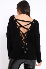 Black Chunky Knit Lace Up Back Jumper - Perrie