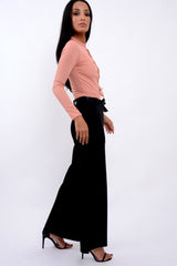 Black High Waist Flare Trousers with Black Sash Belt - Lila