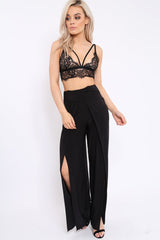 Black Slinky Split Front Trousers - Karly