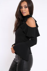 Black High Neck Cold Shouldered Frill Top - Stace