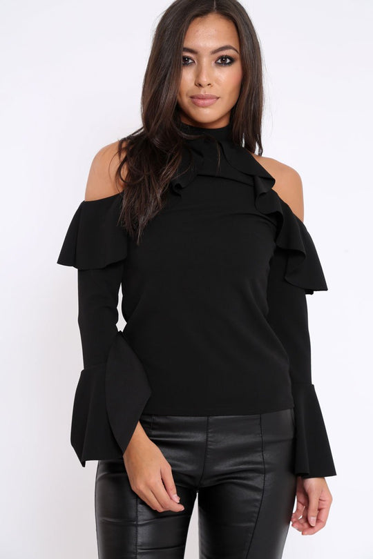 Black High Neck Cold Shouldered Frill Top - Stace