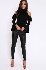 Black High Neck Cold Shouldered Frill Top - Stace