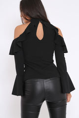 Black High Neck Cold Shouldered Frill Top - Stace