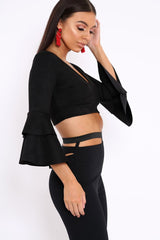 Black Faux Suede Plunge Front Crop Top - Quorra