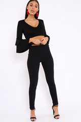 Black Faux Suede Plunge Front Crop Top - Quorra