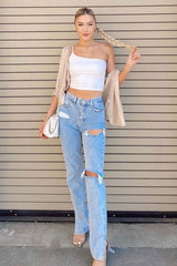 Light Blue Extreme Rip Inside Leg Split Straight Jeans - Rosina