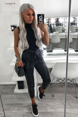 Black Faux Leather Paper Bag Belted Tapered Trousers - Lucia