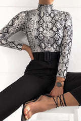 White Snake Print High Neck Long Sleeve Bodysuit - Evanna