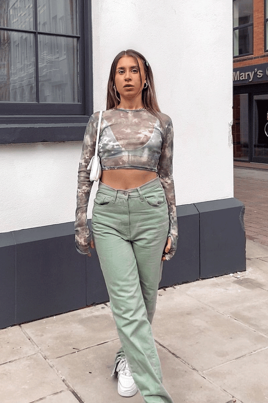 Sage Tie Dye Mesh Long Sleeve Crop Top - Niyana