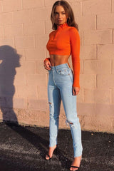 Orange Half Zip Rib Crop Jumper - Elisea