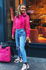 Pink Mesh Balloon Sleeve Blouse - Elvina