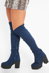 Blue Suede Platform Knee High Boots - Sandy
