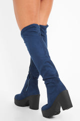 Blue Suede Platform Knee High Boots - Sandy