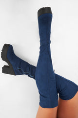 Blue Suede Platform Knee High Boots - Sandy