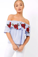 Blue & White Striped Embroidered Bardot Top - Catia