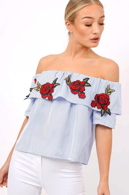 Blue & White Striped Embroidered Bardot Top - Catia