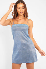 Blue Glitter Straight Neck Mini Dress - Alanis