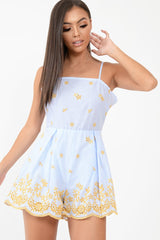Blue And White Striped Tie Back Embroidery Playsuit - Renita