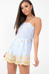 Blue And White Striped Tie Back Embroidery Playsuit - Renita