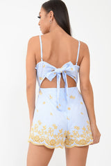 Blue And White Striped Tie Back Embroidery Playsuit - Renita