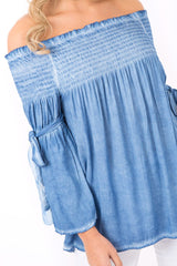 Denim Off Shoulder Tie Sleeve Top - Sammy