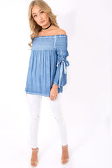 Denim Off Shoulder Tie Sleeve Top - Sammy