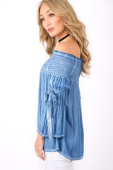 Denim Off Shoulder Tie Sleeve Top - Sammy