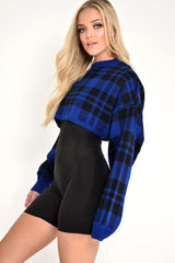 Blue Check Batwing Crop Knit Jumper - Marisa