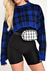 Blue Check Batwing Crop Knit Jumper - Marisa