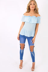 Blue Crinkle Off Shoulder Top - Lucille