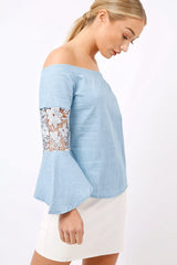 Light Denim Frill Sleeve Crochet Bardot Top - Jayda