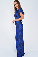 Blue Snake Print Tie Back Crop Top And Wide Leg Trouser Co-ord - Georgine