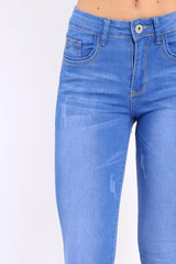 Blue Distressed Detail Raw Hem Skinny Jeans - Celeste