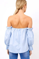 Blue Button Up Bardot Crop Top - LuLu