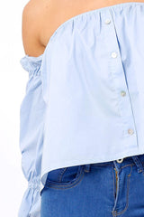 Blue Button Up Bardot Crop Top - LuLu