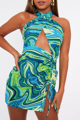 Blue Marble Halter Neck Cut Out Ruched Mini Dress - Oliviyah