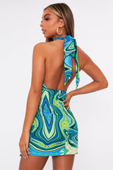 Blue Marble Halter Neck Cut Out Ruched Mini Dress - Oliviyah