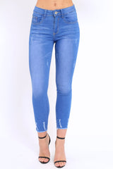 Blue Distressed Detail Raw Hem Skinny Jeans - Celeste