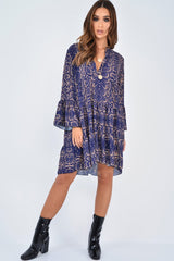 Blue Snake Print Plunge Flute Sleeve Shift Dress - Olesya