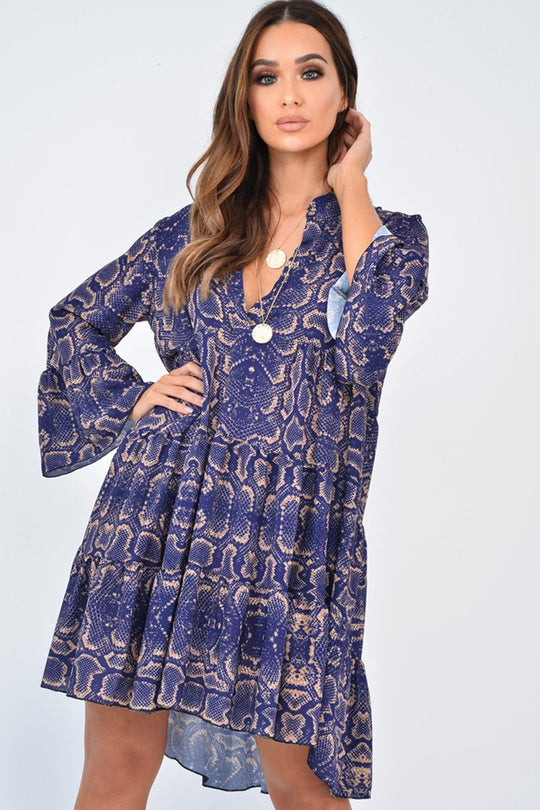 Blue Snake Print Plunge Flute Sleeve Shift Dress - Olesya