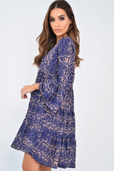 Blue Snake Print Plunge Flute Sleeve Shift Dress - Olesya