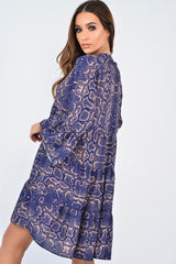 Blue Snake Print Plunge Flute Sleeve Shift Dress - Olesya